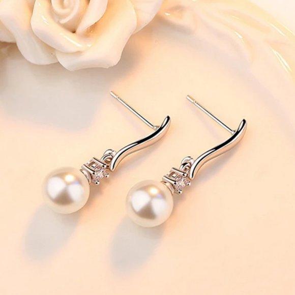 NEW 925 Sterling Silver Diamond Pearl Earrings - Picture 5 of 7